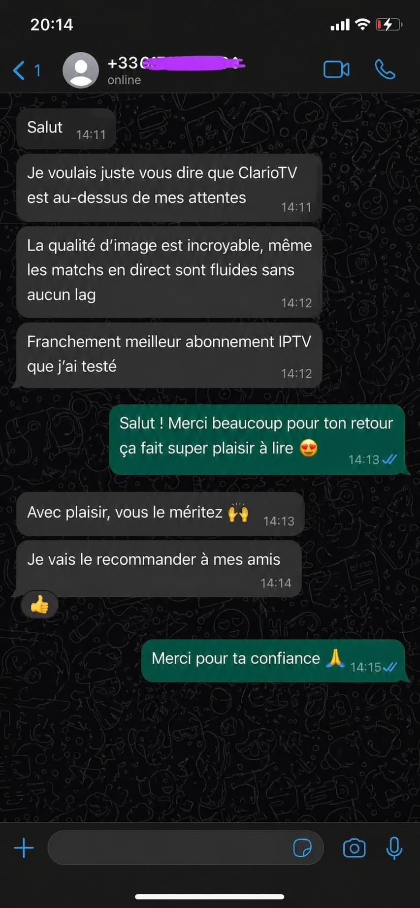 Conversation WhatsApp — client satisfait : "Très satisfait, Je vous recontacte dans 1ans"