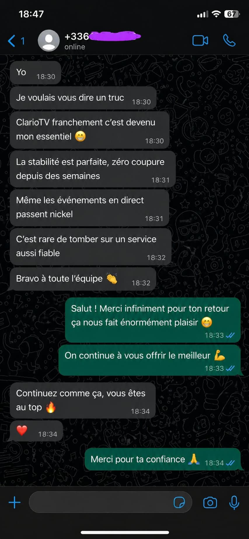 Conversation WhatsApp — client satisfait : "Oui merci c'est bon, sa fonctionne"