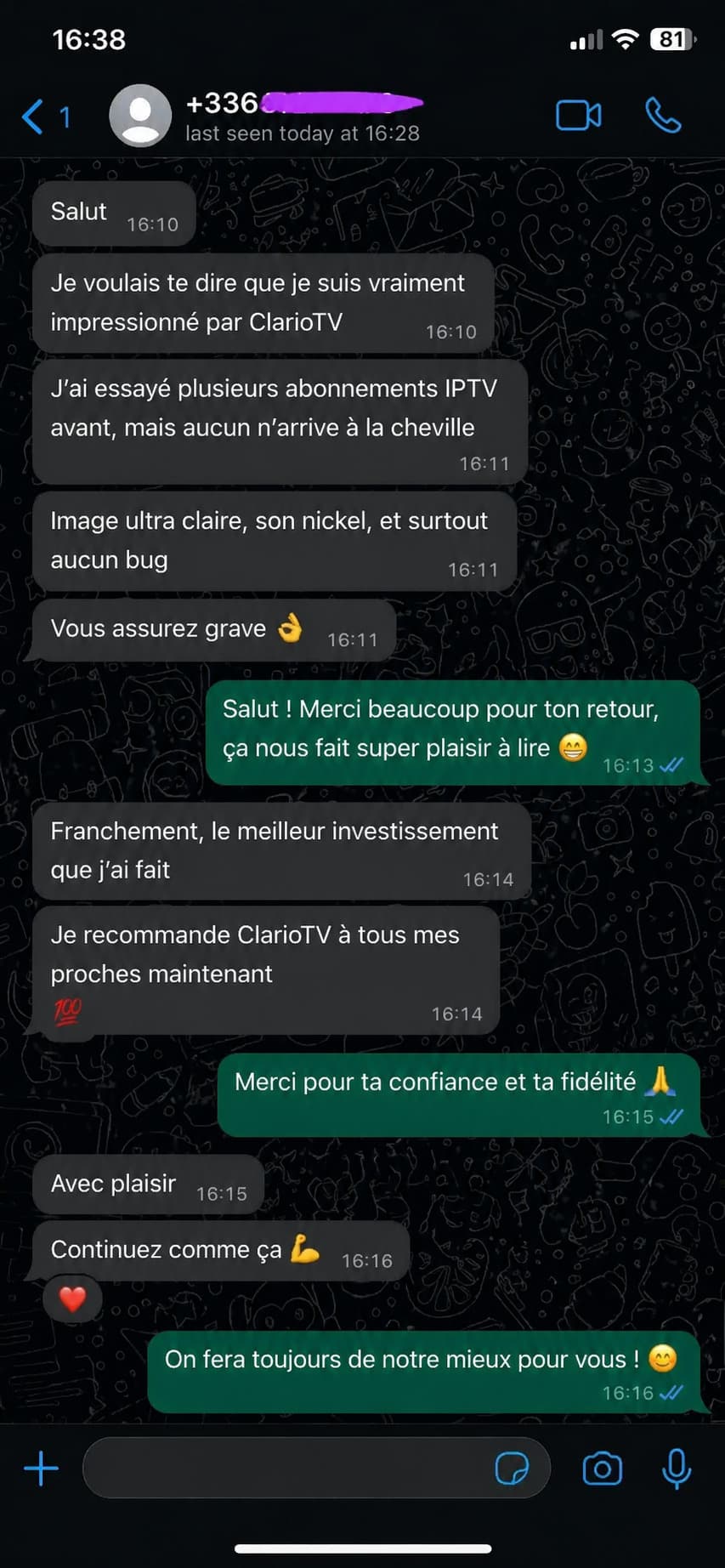 Conversation WhatsApp — client satisfait : "Cela fonctionne super"